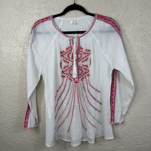Sundance Embroidered White Boho Top Size M Cottage Cotton Flowy Sparkle Festival - Picture 2 of 8